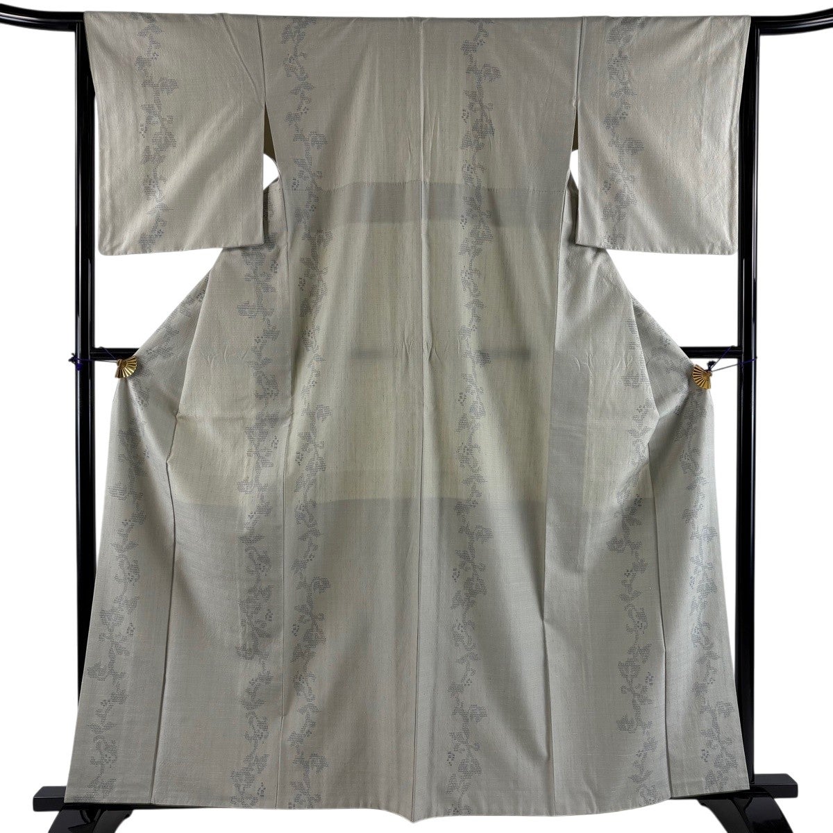 紬 身丈162cm 裄丈64.5cm M 袷 草花 亀甲絣 灰緑 正絹 秀品｜中古