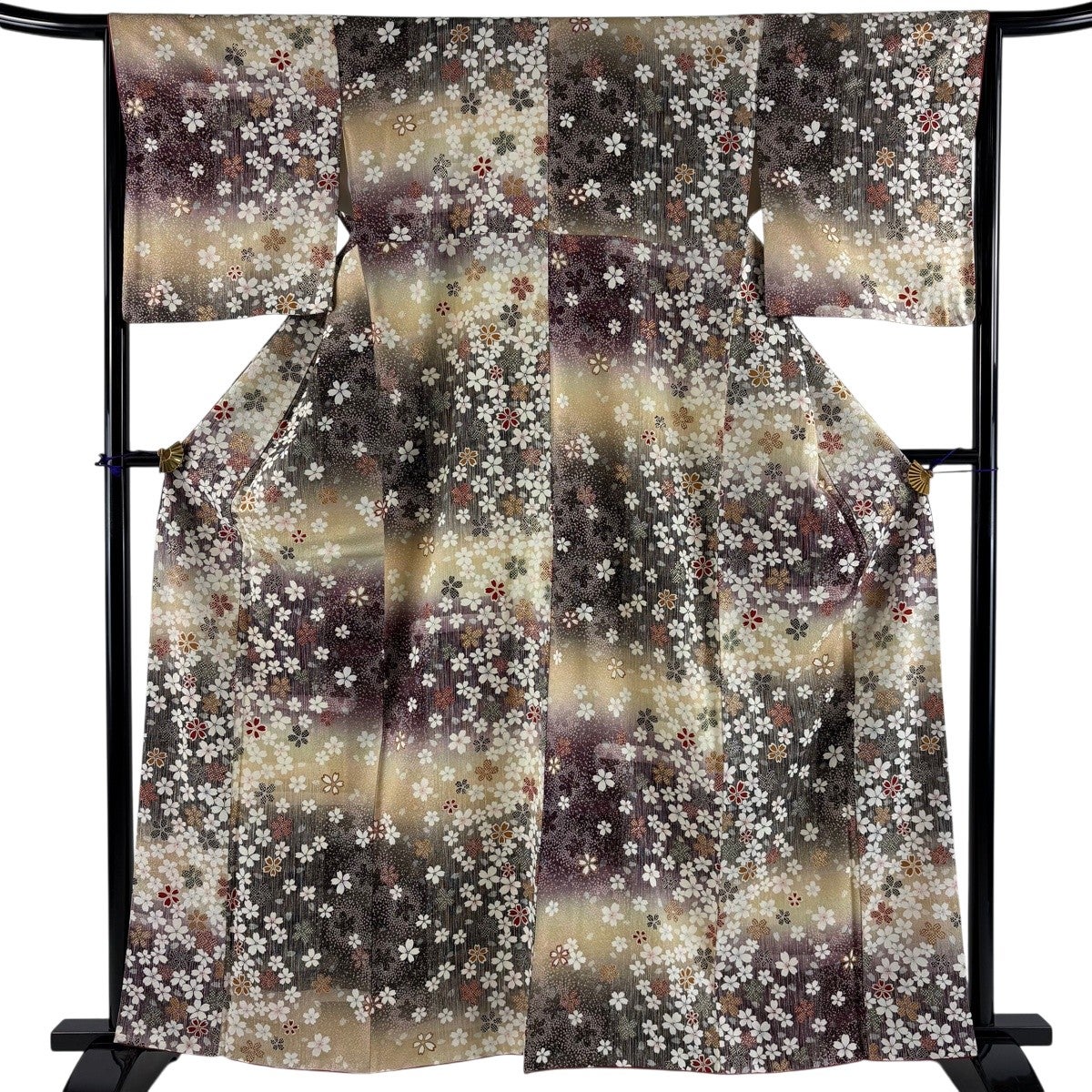 美品】 小紋 身丈163cm 裄丈65cm M 袷 桜 金彩 染め分け ベージュ 正絹