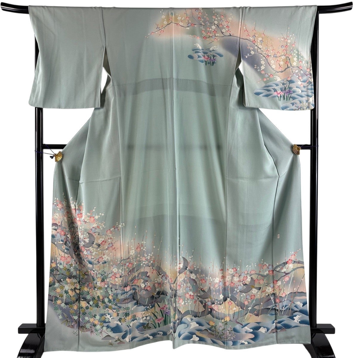 訪問着 身丈165.5cm 裄丈68.5cm L 袷 落款あり 鳥 枝梅 ぼかし 水色