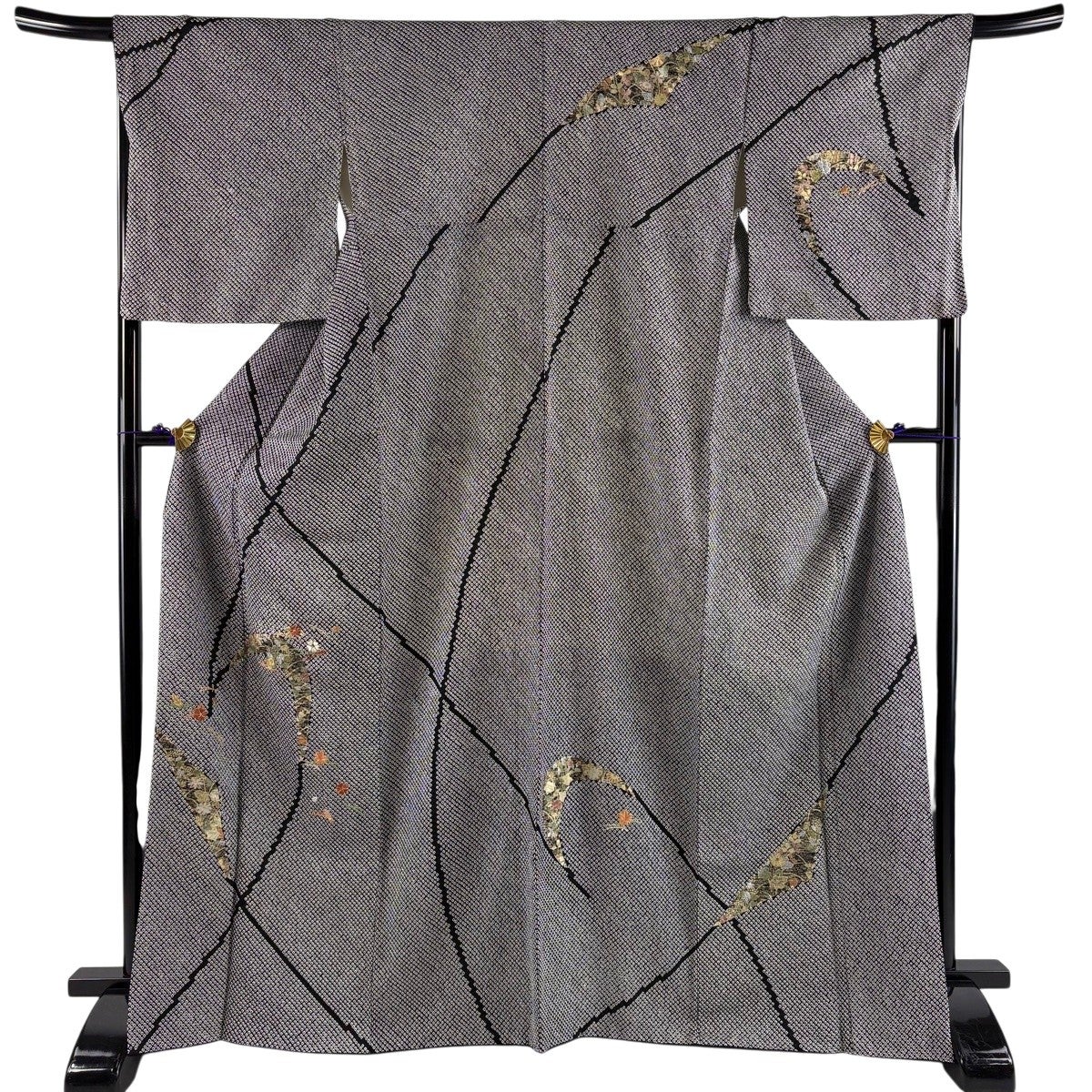 訪問着 身丈162.5cm 裄丈64cm M 袷 鼓 草花 総絞り 黒 正絹 秀品｜中古