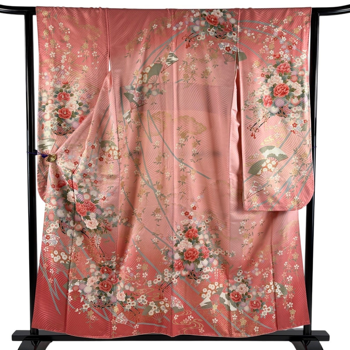 振袖 身丈168.5cm 裄丈67cm M 袷 蝶 花車 金糸 金彩 薄緑 正絹 秀品