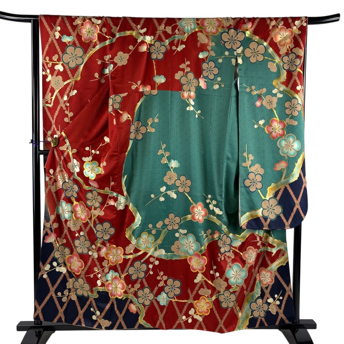 【美品】振袖　緑　正絹　金彩　牡丹　身丈161cm裄65.5cm 振袖 身丈153.5cm 裄丈64.5cm M 袷 扇 牡丹 金糸 金彩 赤茶 正絹 秀品