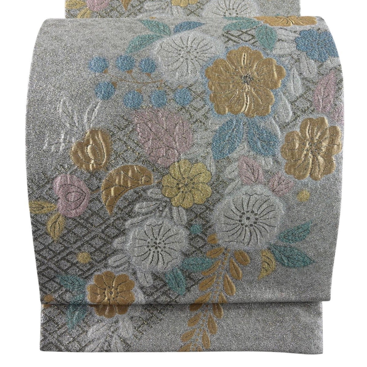 美品】 袋帯 秀品 花唐草 菱格子 唐織 金糸 金色 六通 正絹｜中古