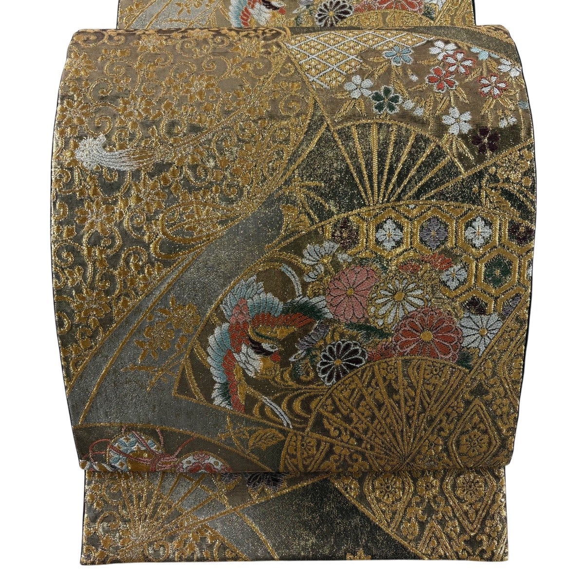 美品】 袋帯 秀品 じゅらく 落款あり 伯仙錦 扇 梅 金銀糸 箔 金色 六