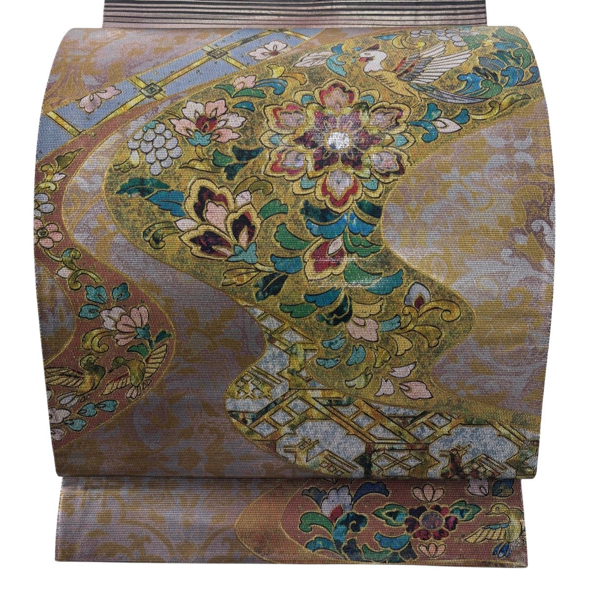 袋帯 秀品 華文 花鳥 螺鈿 箔 鶯色 お太鼓柄 正絹｜中古・古着