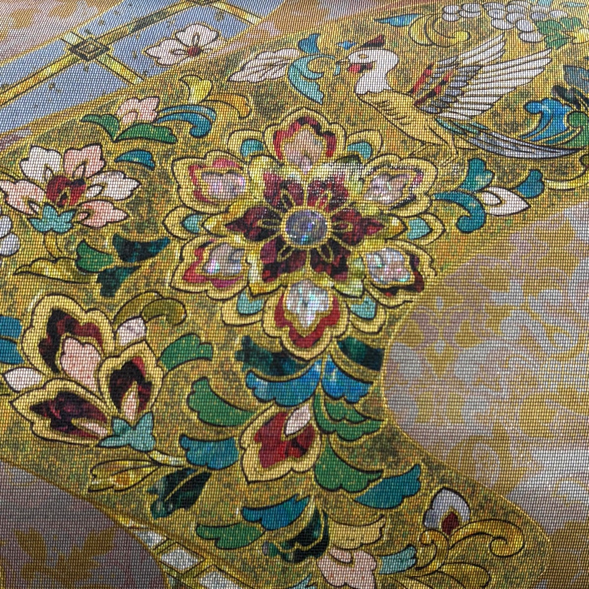袋帯 秀品 華文 花鳥 螺鈿 箔 鶯色 お太鼓柄 正絹｜中古・古着