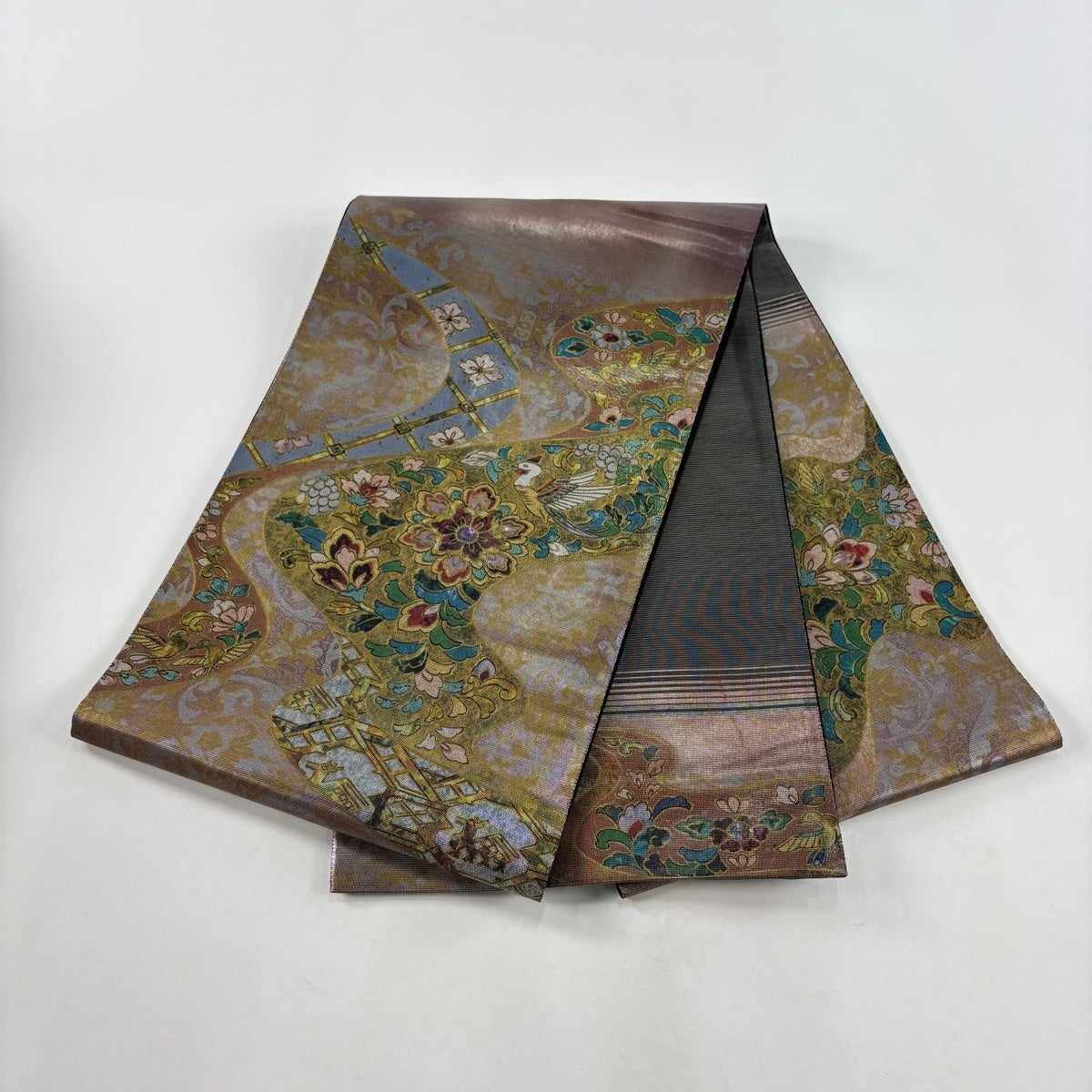 袋帯 秀品 華文 花鳥 螺鈿 箔 鶯色 お太鼓柄 正絹｜中古・古着