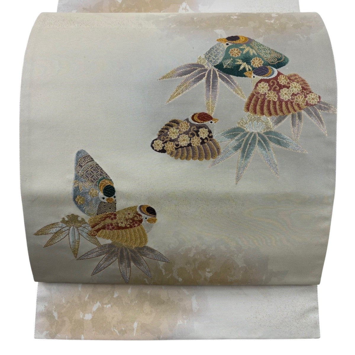 袋帯 秀品 雀 笹 金糸 箔 ベージュ お太鼓柄 正絹｜中古・古着