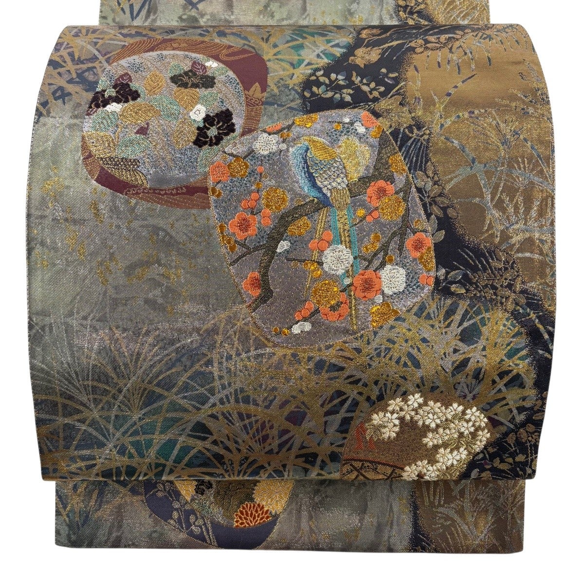 美品】 袋帯 秀品 向かい鳥 草花 金銀糸 刺繍 灰緑 全通 正絹｜中古