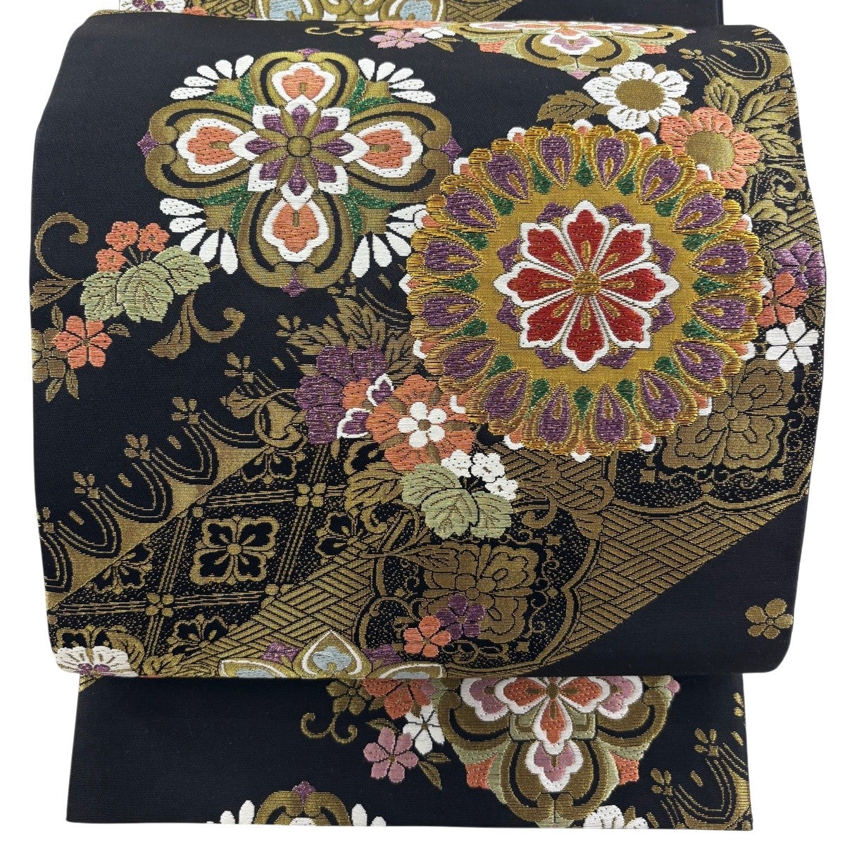 美品】 袋帯 秀品 華文 花唐草 金糸 唐織 黒 六通 正絹｜中古・古着