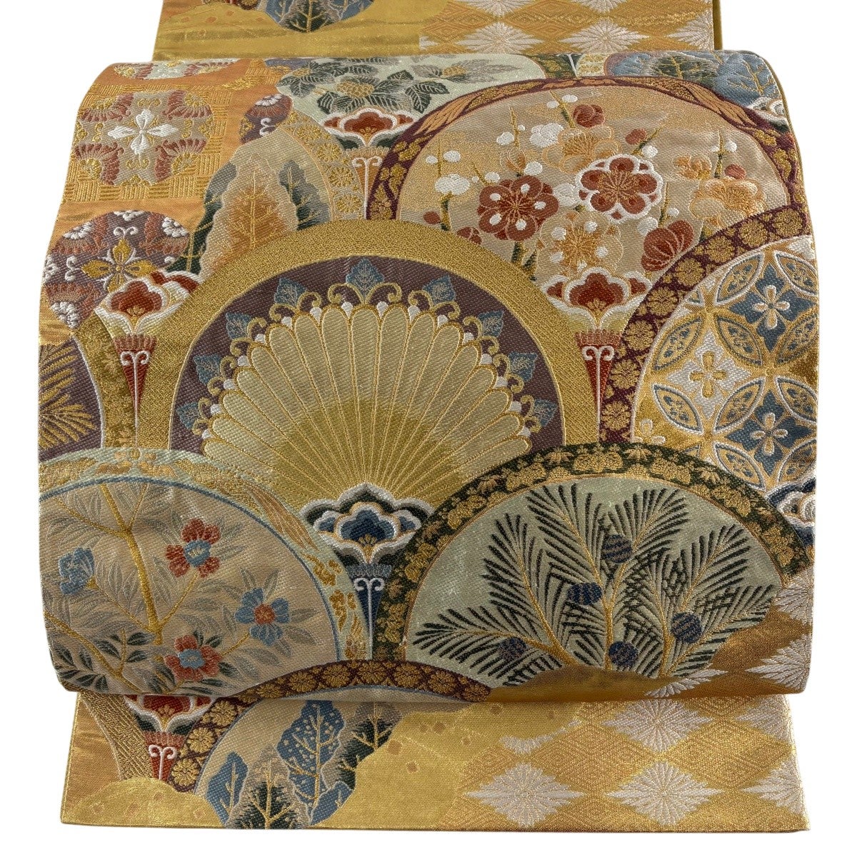 袋帯 秀品 華文 青海波 金糸 箔 灰緑 六通 正絹｜中古・古着