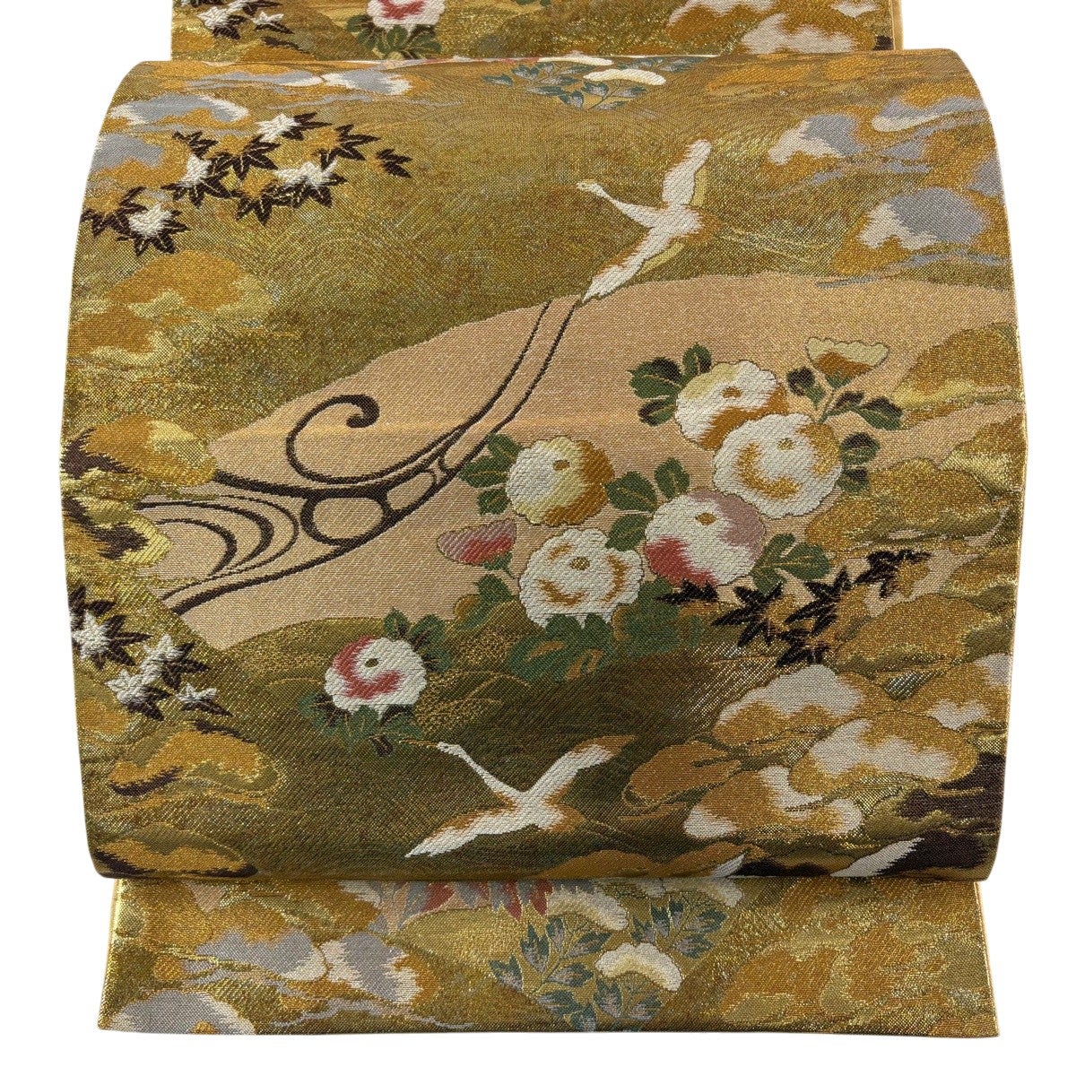 美品】 袋帯 秀品 鶴 草花 金糸 箔 金色 六通 正絹｜中古・古着 