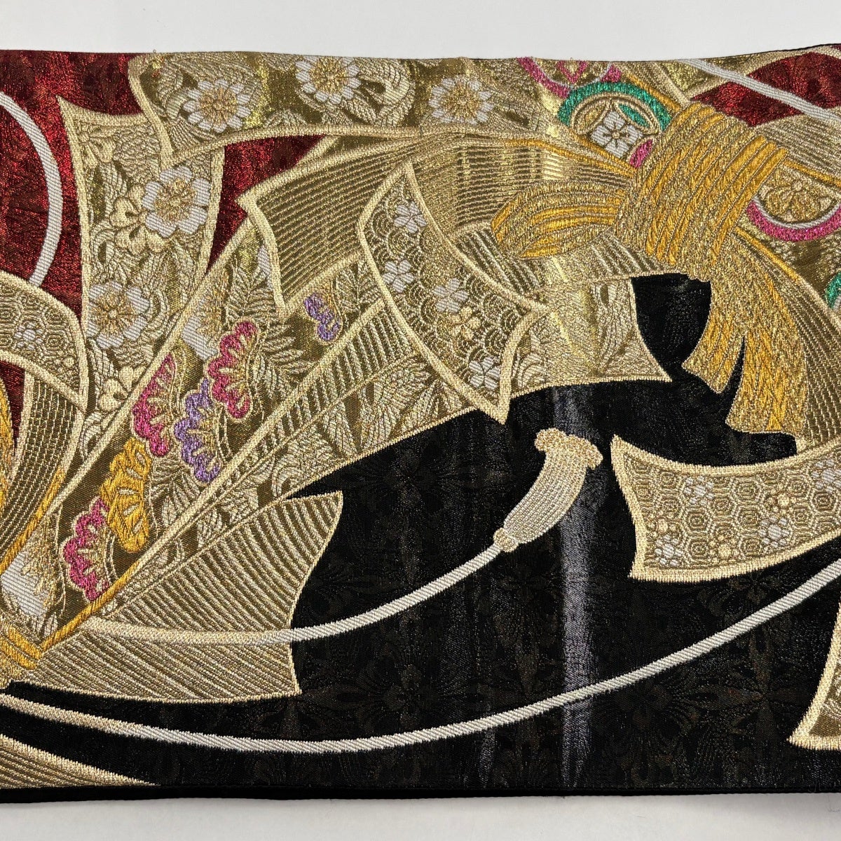 袋帯 秀品 鈴乃屋 束ね熨斗 草花 金糸 箔 赤 六通 正絹｜中古・古着