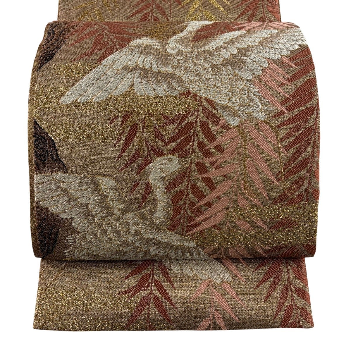 美品】 袋帯 秀品 鳥 枝葉 箔 金糸 金茶 お太鼓柄 正絹｜中古・古着
