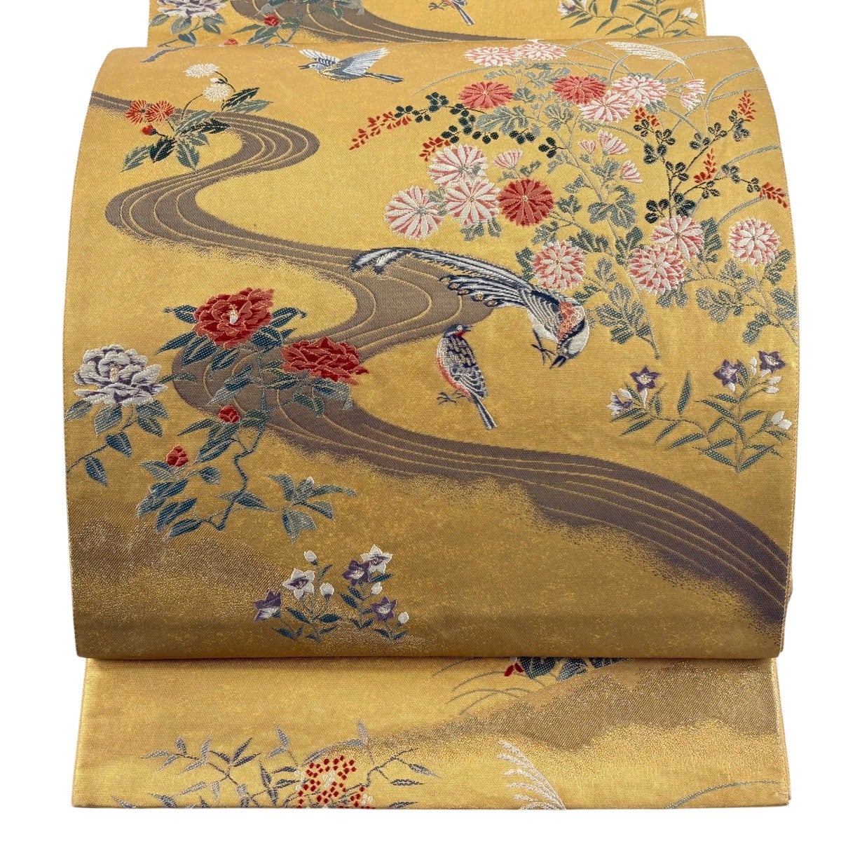 袋帯 秀品 鳥 草花 本漆金箔 金糸 金色 六通 正絹｜中古・古着