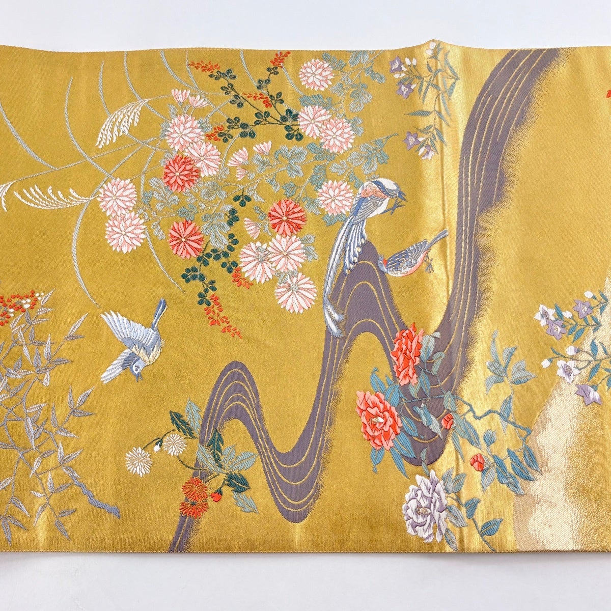 袋帯 秀品 鳥 草花 本漆金箔 金糸 金色 六通 正絹｜中古・古着