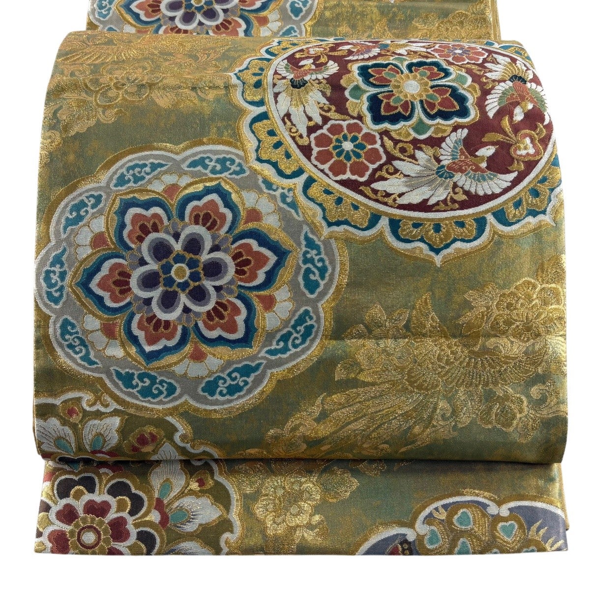 袋帯 秀品 華文 花鳥 金銀糸 箔 灰緑 六通 正絹｜中古・古着