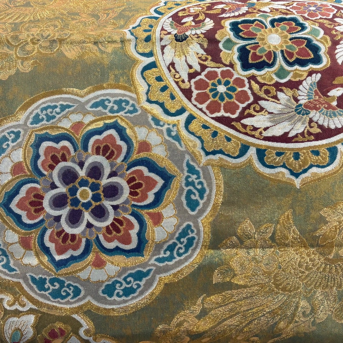 【美品】袋帯　細密織　宝相華　キラキラ金緑　六通 袋帯 秀品 華文 花鳥 金銀糸 箔 灰緑 六通 正絹｜中古・古着