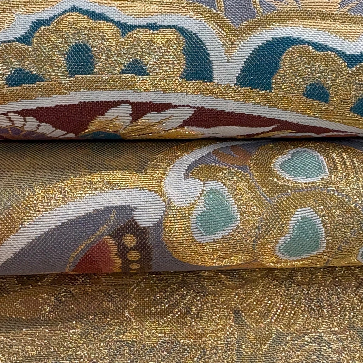 袋帯 秀品 華文 花鳥 金銀糸 箔 灰緑 六通 正絹｜中古・古着