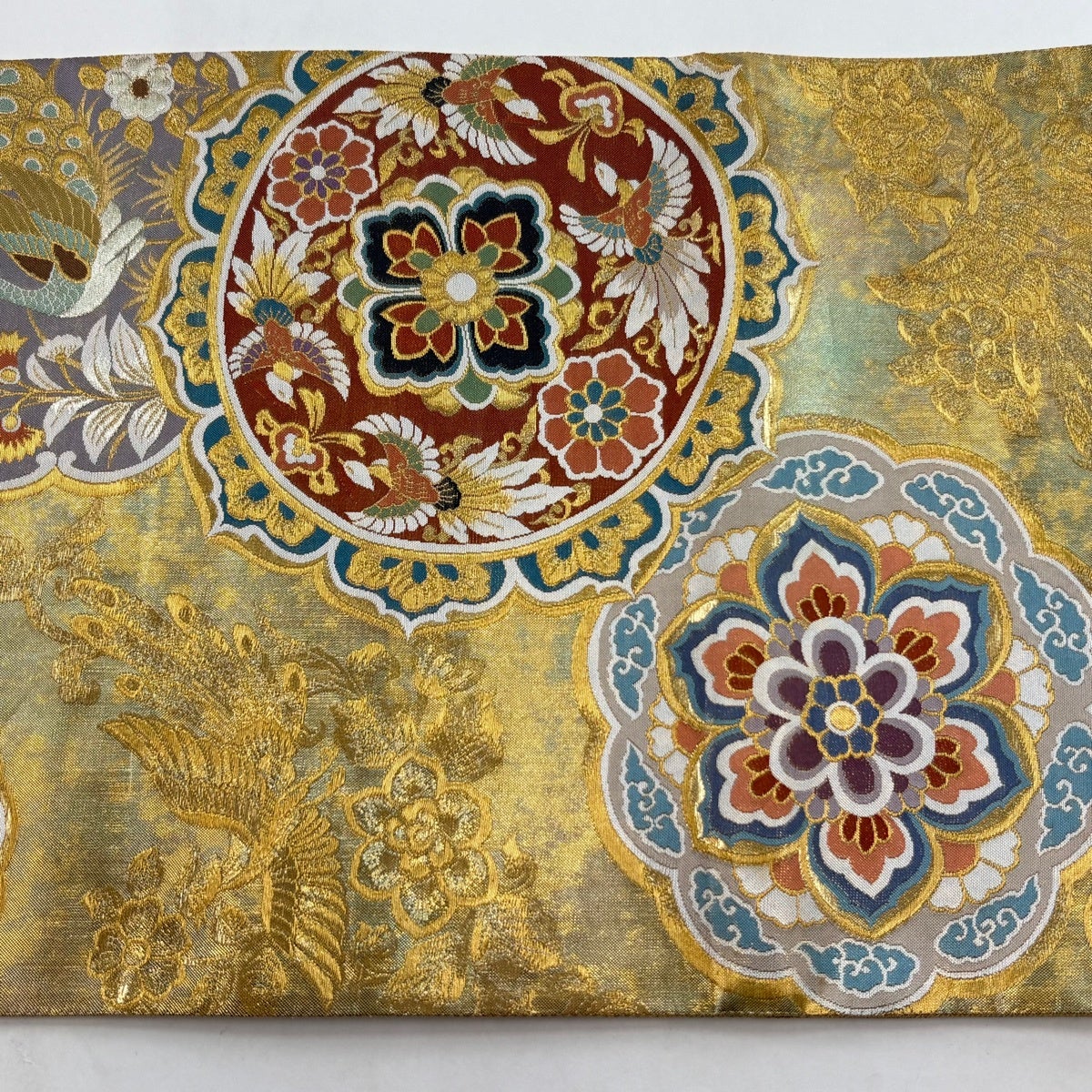 【美品】袋帯　細密織　宝相華　キラキラ金緑　六通 袋帯 秀品 華文 花鳥 金銀糸 箔 灰緑 六通 正絹｜中古・古着