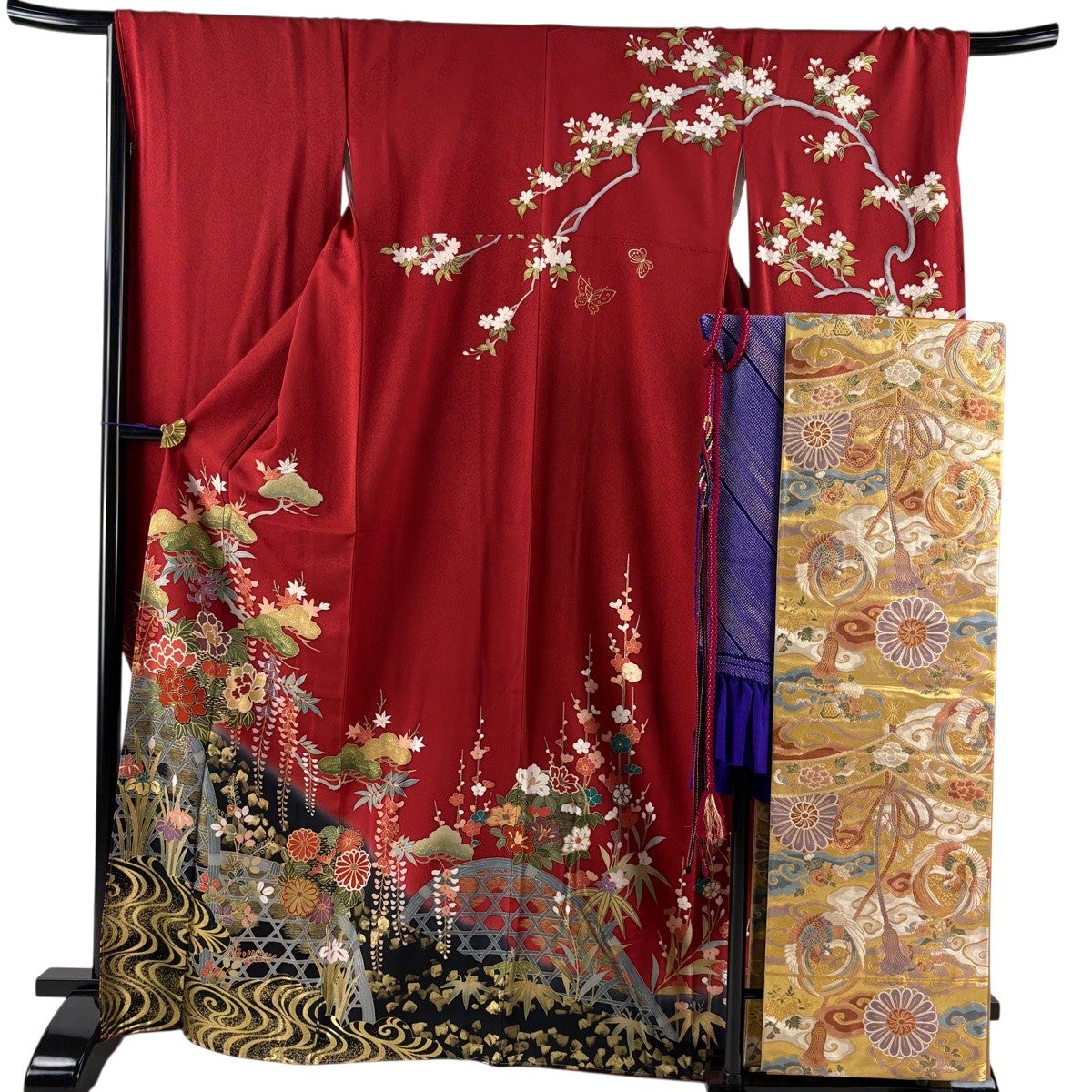 【振袖フルセット】身丈162.5cm 裄丈67.5cm 桜 流水 箔 金彩 赤 振袖 身丈167cm 裄丈68cm L 袷 袋帯フルセット 花丸文 流水 金彩