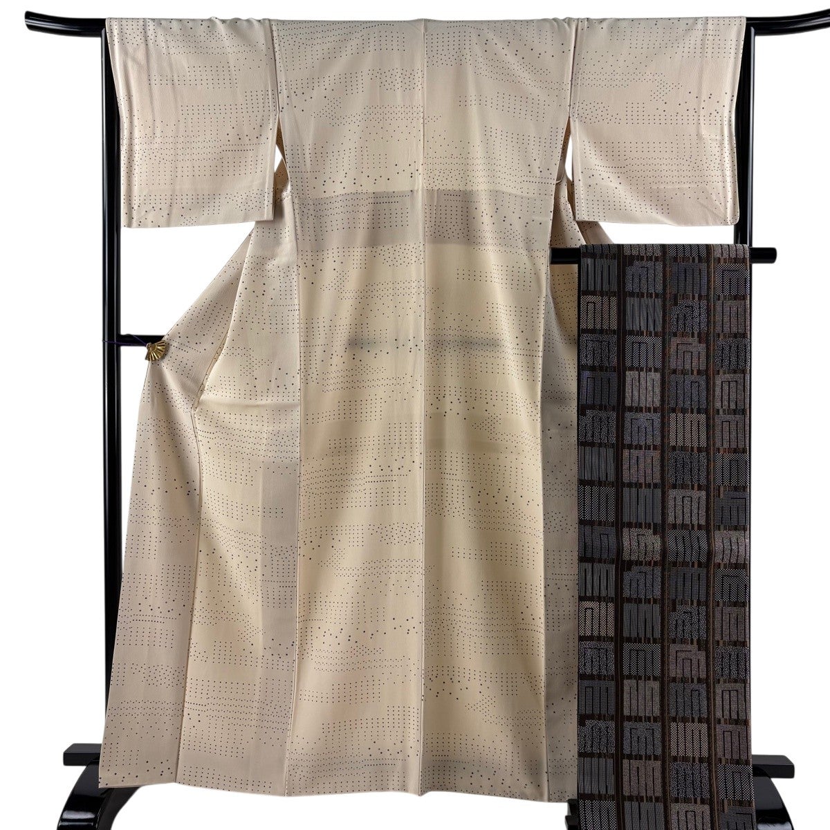 小紋　身丈164　裄68　ちりめん　幾何学　正絹　着物　033b p 美品】 小紋 身丈164.5cm 裄丈68cm L 袷 袋帯セット 落款あり 幾何学