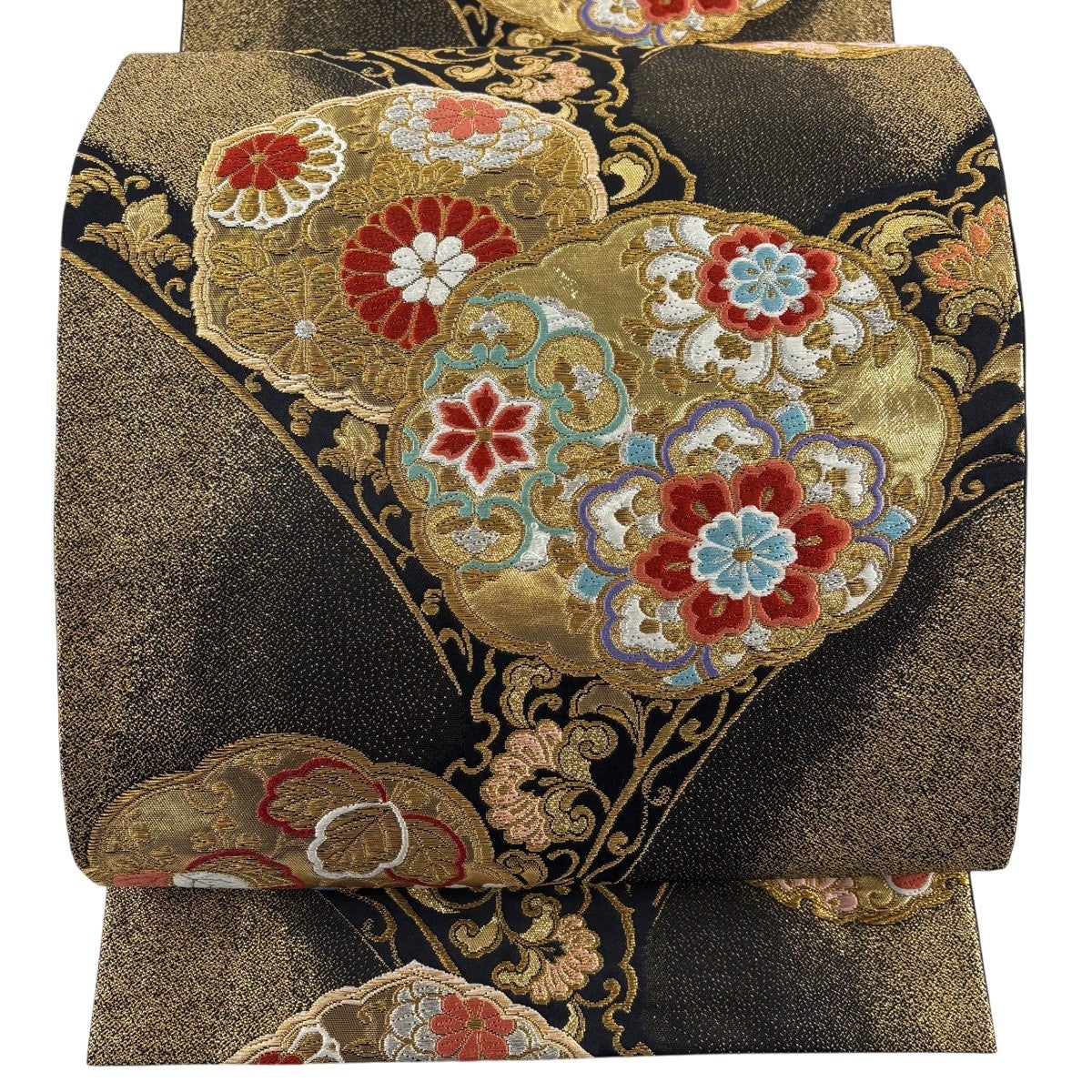 袋帯 秀品 華文 花唐草 金銀糸 箔 黒 六通 正絹｜中古・古着