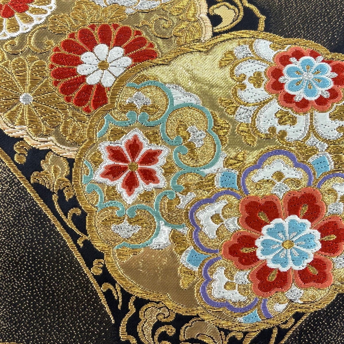 袋帯 秀品 華文 花唐草 金銀糸 箔 黒 六通 正絹｜中古・古着