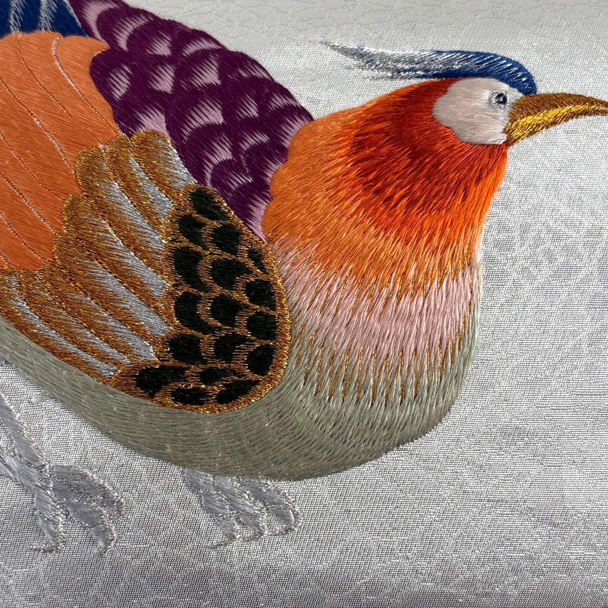 名古屋帯 優品 鳥 地紋 金銀糸 刺繍 銀色 正絹｜中古・古着