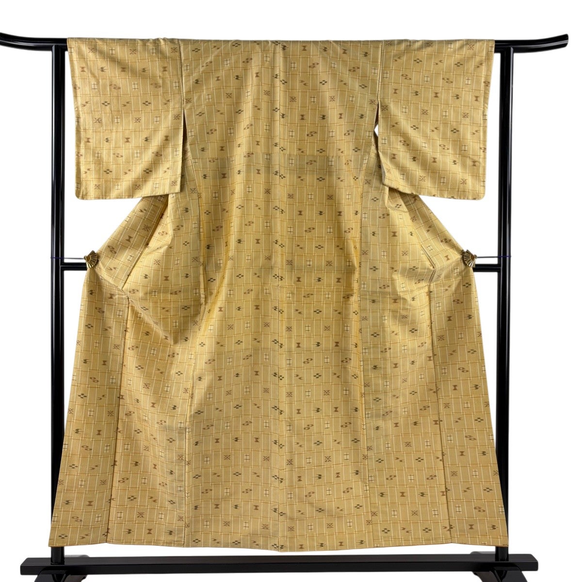 紬 身丈153.5cm 裄丈62.5cm S 袷 網代文 黒 正絹 秀品｜中古・古着