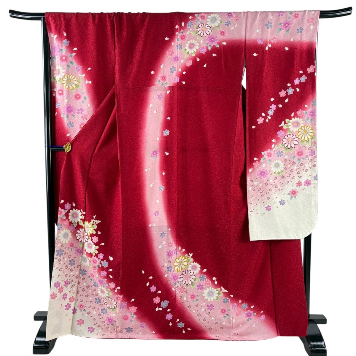 美品】 振袖 身丈168.5cm 裄丈68cm L 袷 菊 草花 銀通し ぼかし 赤