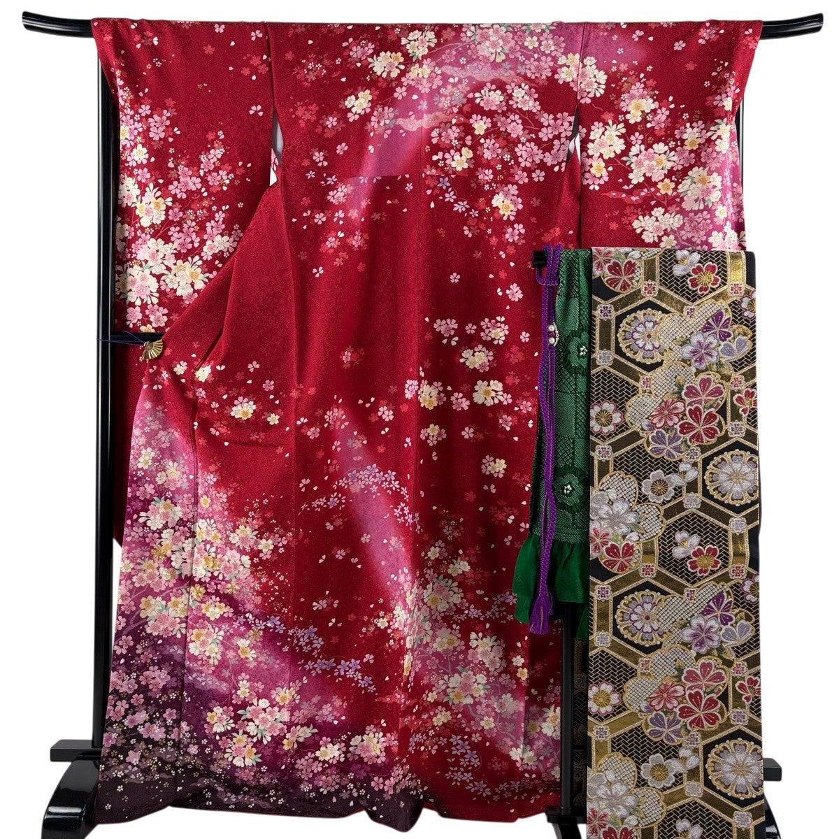 振袖 身丈170.5cm 裄丈70cm L 袷 袋帯フルセット 桜 桜の花びら 金通し