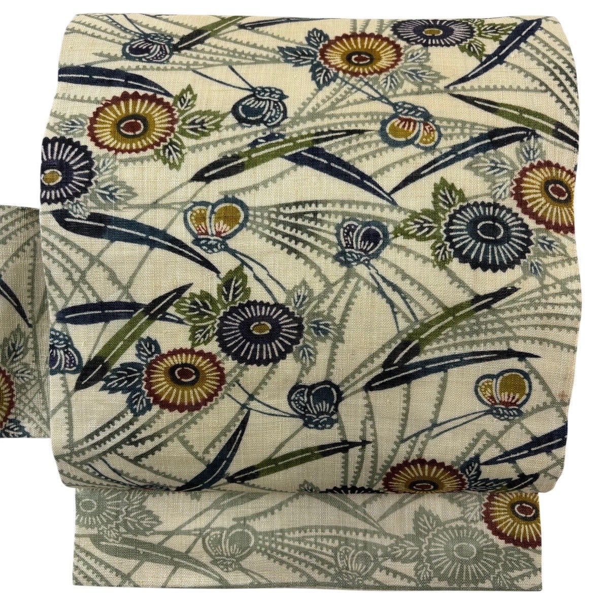 美品】 名古屋帯 逸品 栗山吉三郎 落款あり 夏帯 菊 蝶 クリーム 麻
