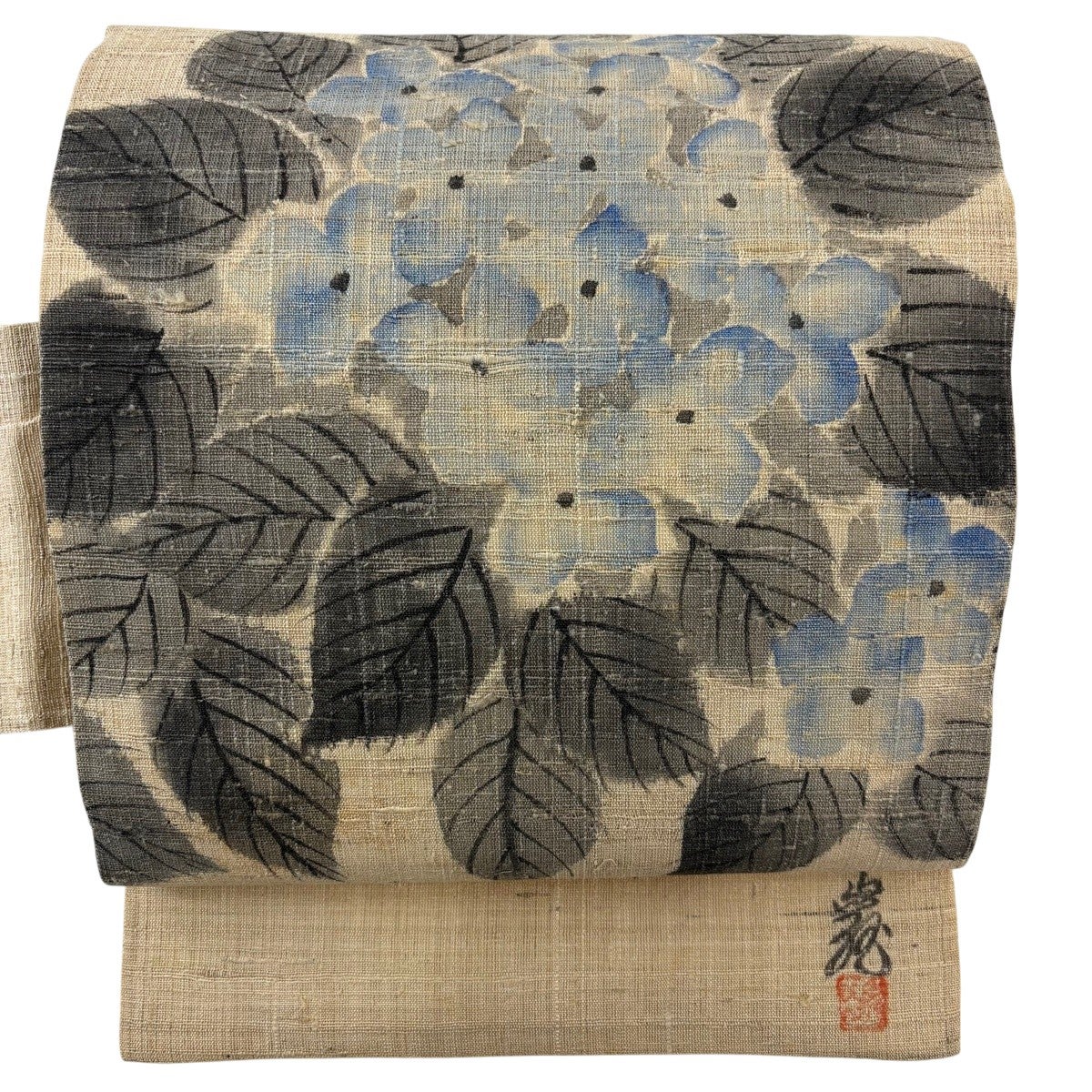 名古屋帯 逸品 落款あり 夏帯 紫陽花 ベージュ 麻｜中古・古着