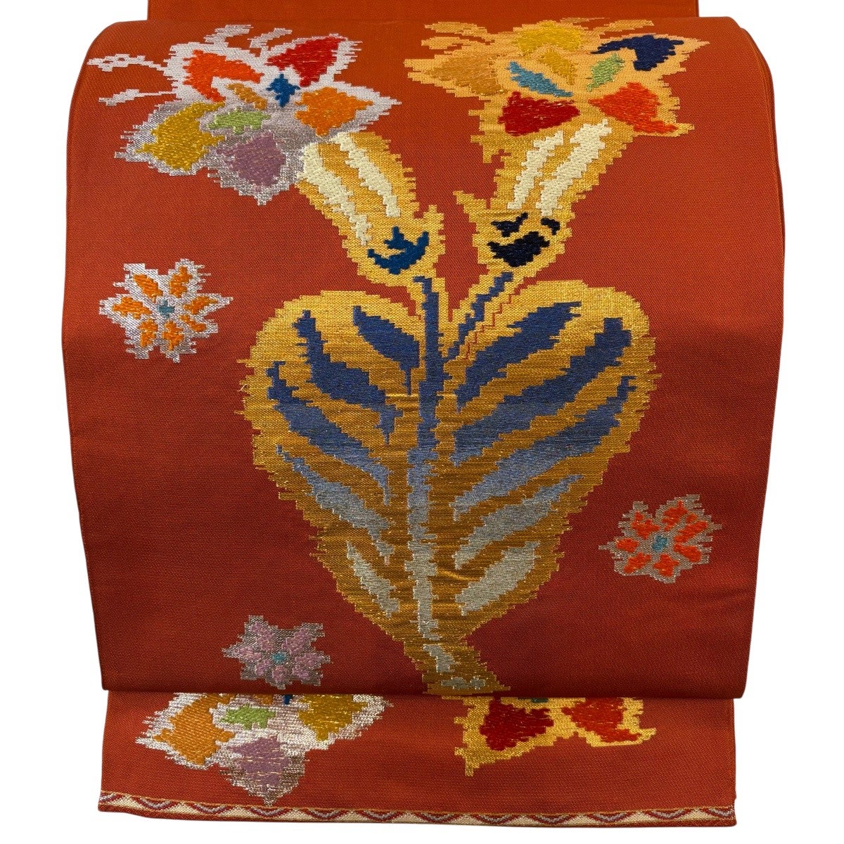 美品】 袋帯 逸品 龍村平蔵 落款あり 本袋 鶴壽金華山文錦 箔 オレンジ