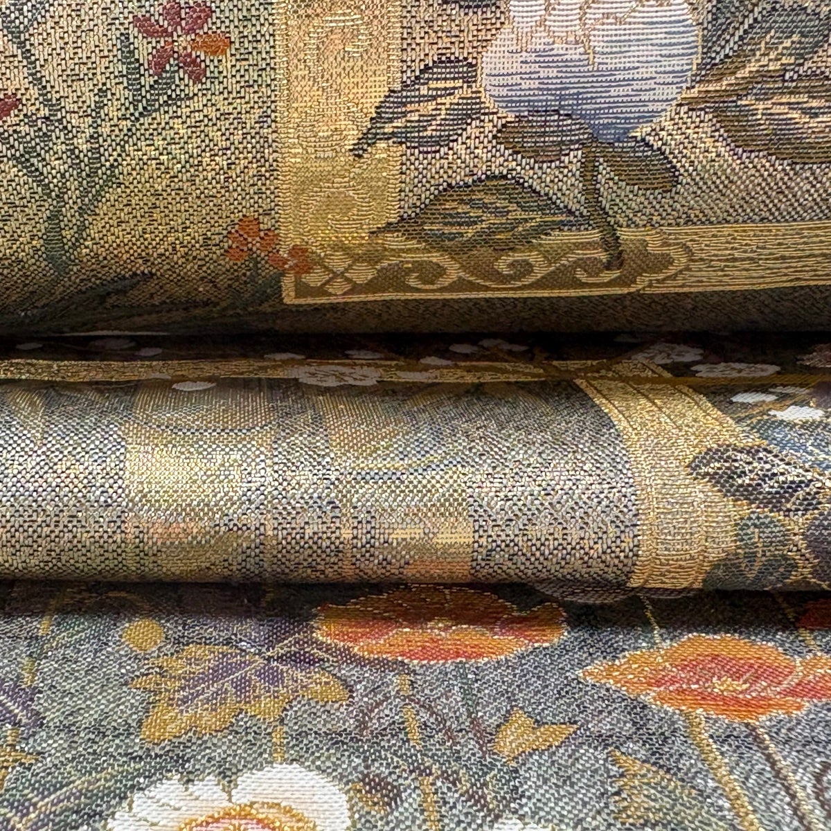 50%OFF 【美品】 袋帯 逸品 琳派大全集 草花 枝花 本金プラチナ箔 金色