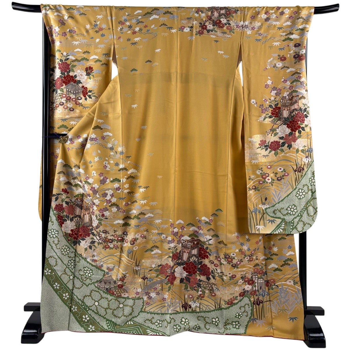 振袖 身丈164.5cm 裄丈69cm L 袷 牡丹 菊 金彩 ぼかし 深緑 正絹 秀品