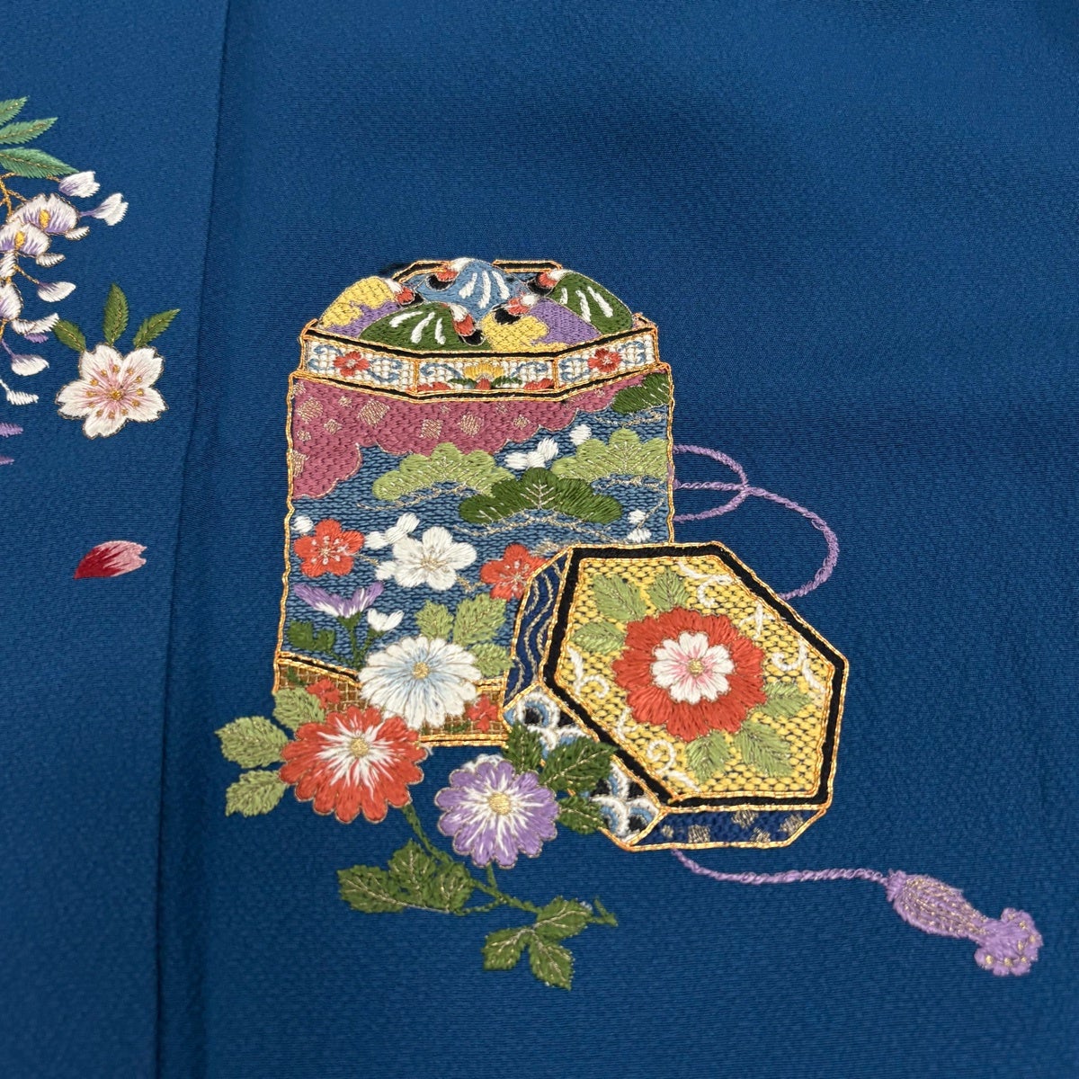 振袖 身丈159cm 裄丈66cm M 袷 貝桶 貝合わせ 金糸 刺繍 藍色 正絹