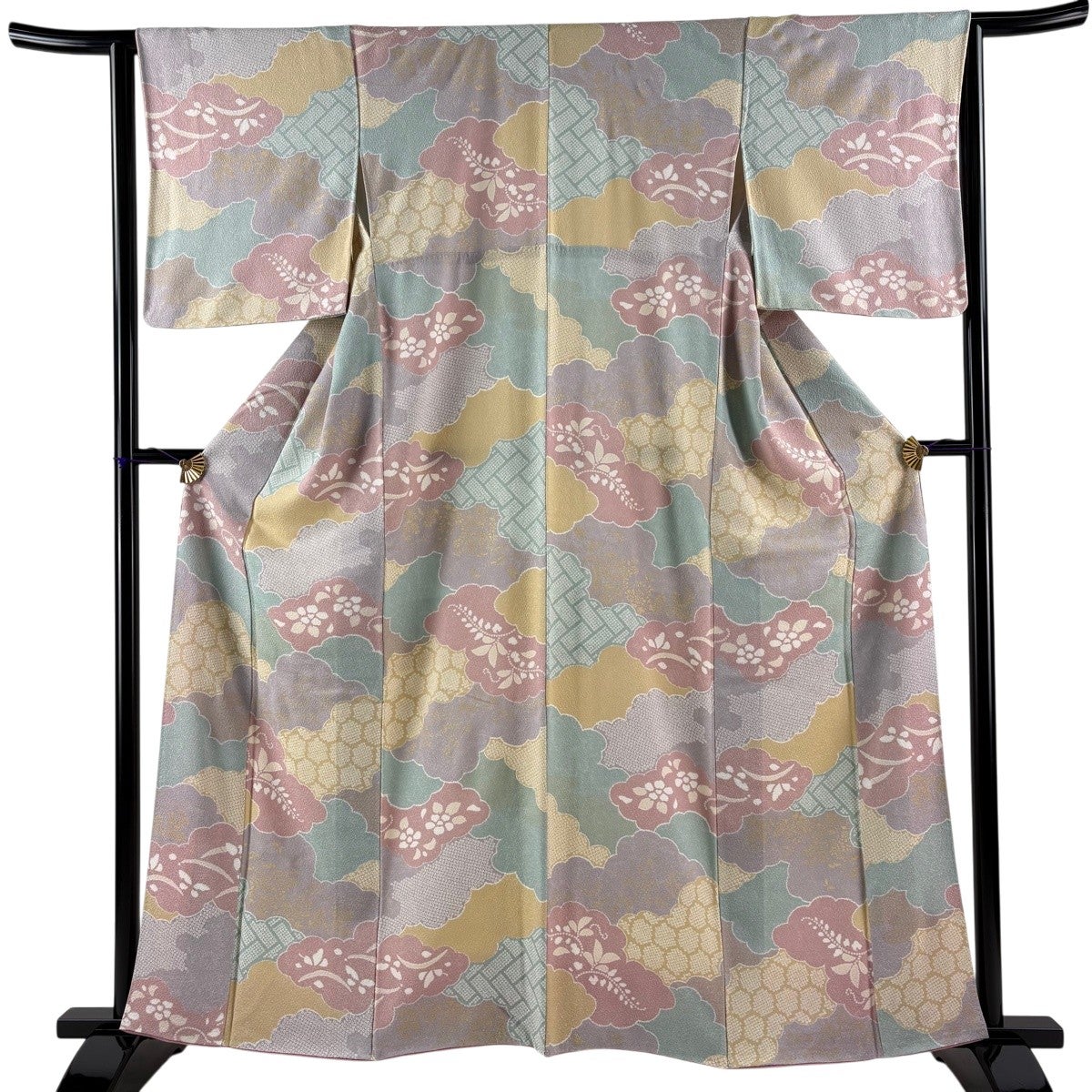 美品】 小紋 身丈162cm 裄丈63.5cm S 袷 雲文 草花 金彩 染め分け 薄紫