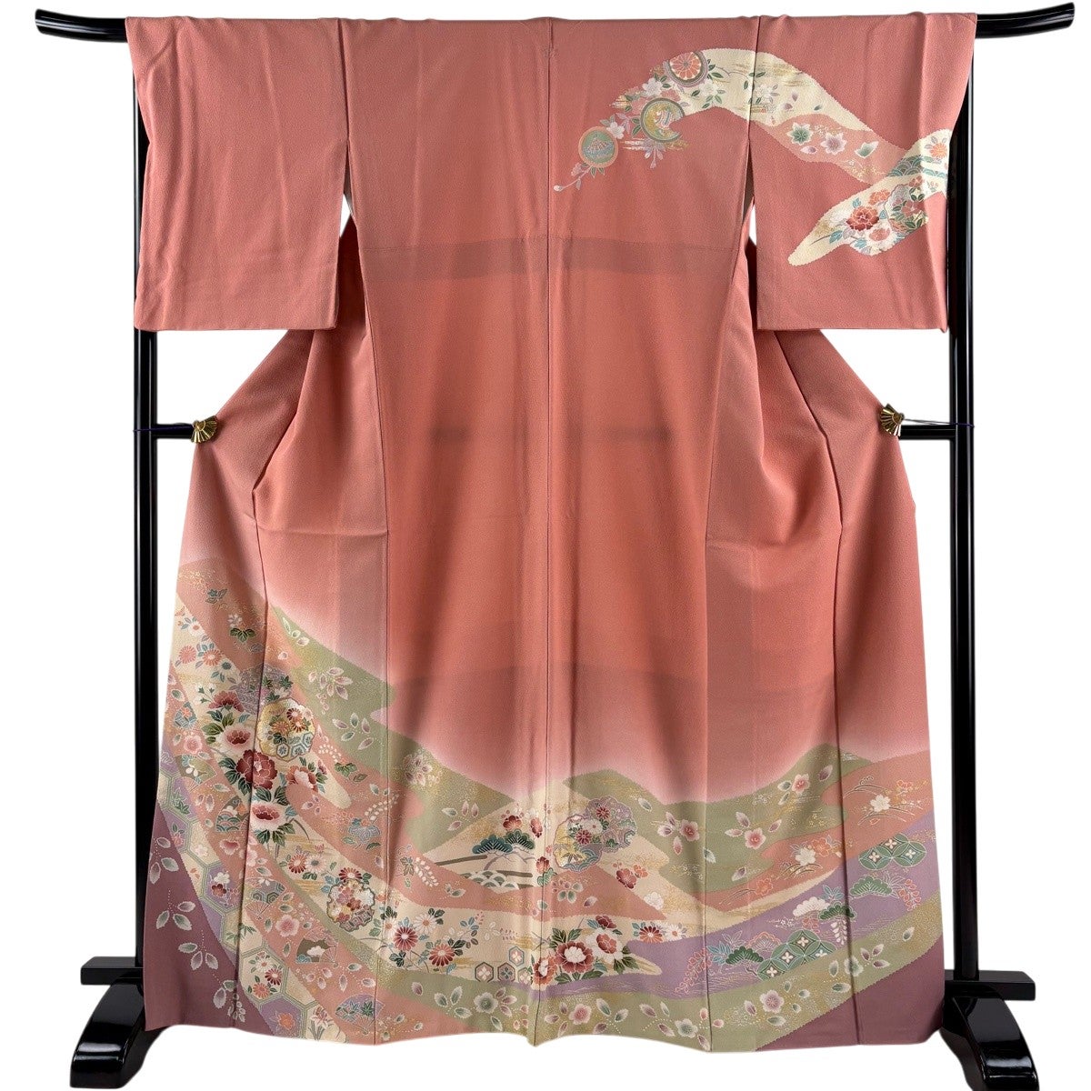 訪問着 身丈167cm 裄丈67.5cm L 袷 草花 扇 金糸 金銀彩 ピンク 正絹