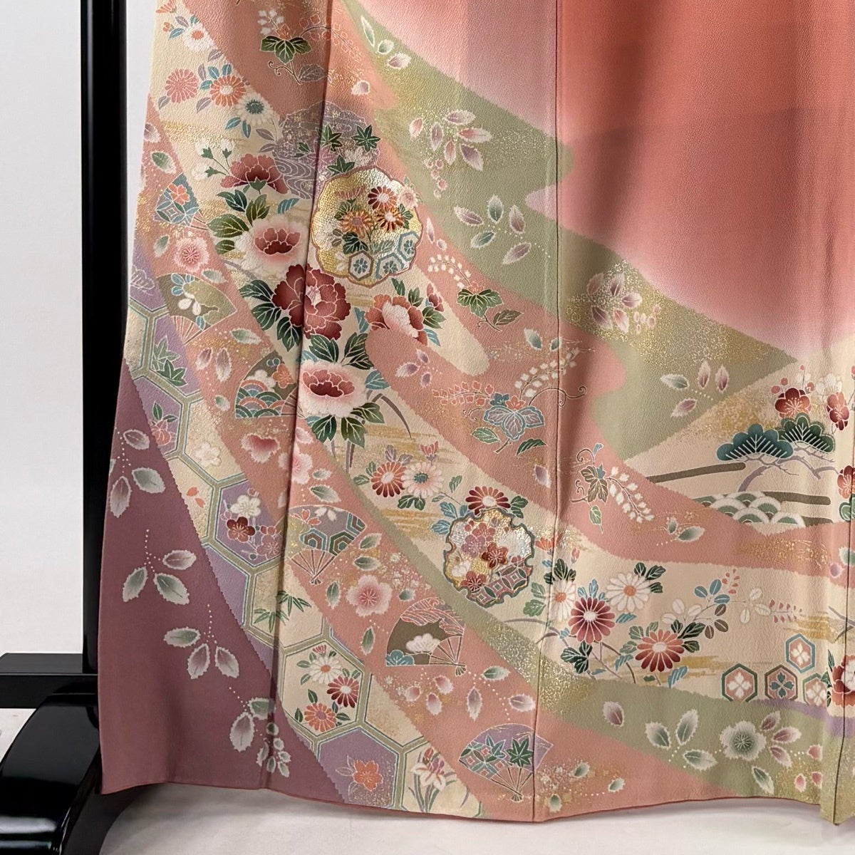 訪問着 身丈167cm 裄丈67.5cm L 袷 草花 扇 金糸 金銀彩 ピンク 正絹