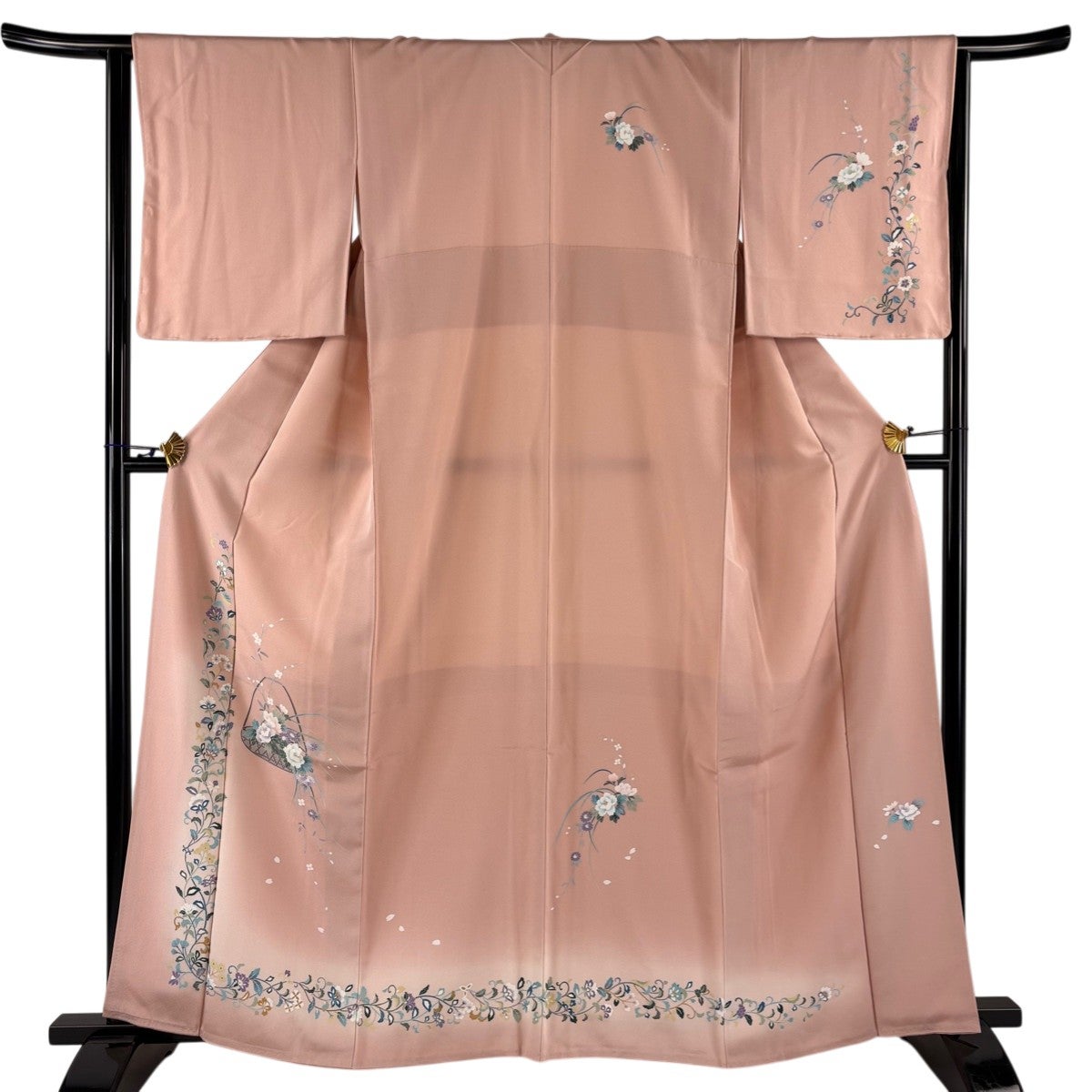 裄70 身丈160 美品　正絹付け下げ 薄ピンク 桜柄 上品 刺繍手縫い仕立て 付下げ 身丈160.5cm 裄丈65cm M 袷 花文 有職文様 刺繍 ぼかし ピンク