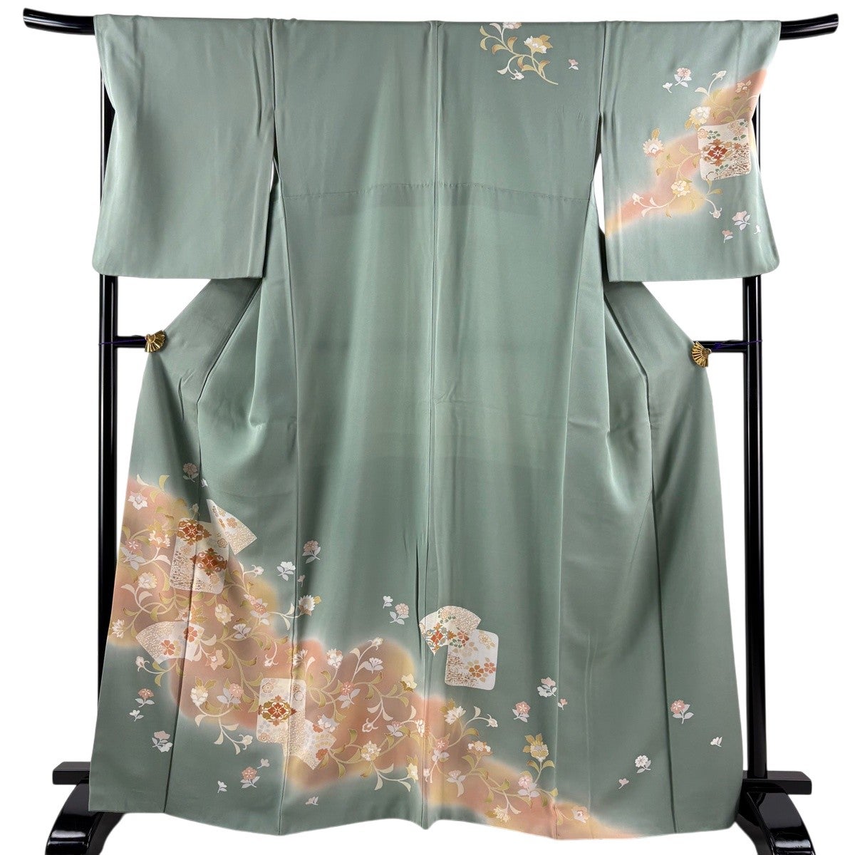 着用少ない！美品＊絵羽柄＊四季花＊金彩＆刺繡＊豪華＊訪問着＊１６５ｃｍ＊裄６８ 訪問着 身丈165.5cm 裄丈70cm L 袷 花唐草 扇面 金彩 ぼかし 灰緑 正絹