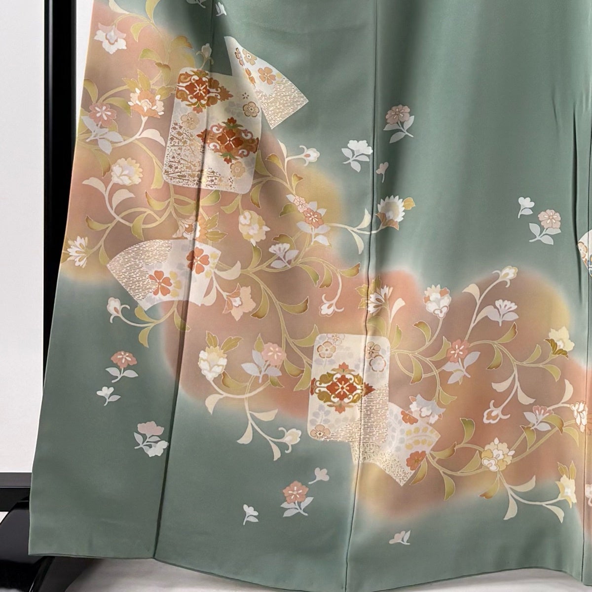 訪問着 身丈165.5cm 裄丈70cm L 袷 花唐草 扇面 金彩 ぼかし 灰緑 正絹