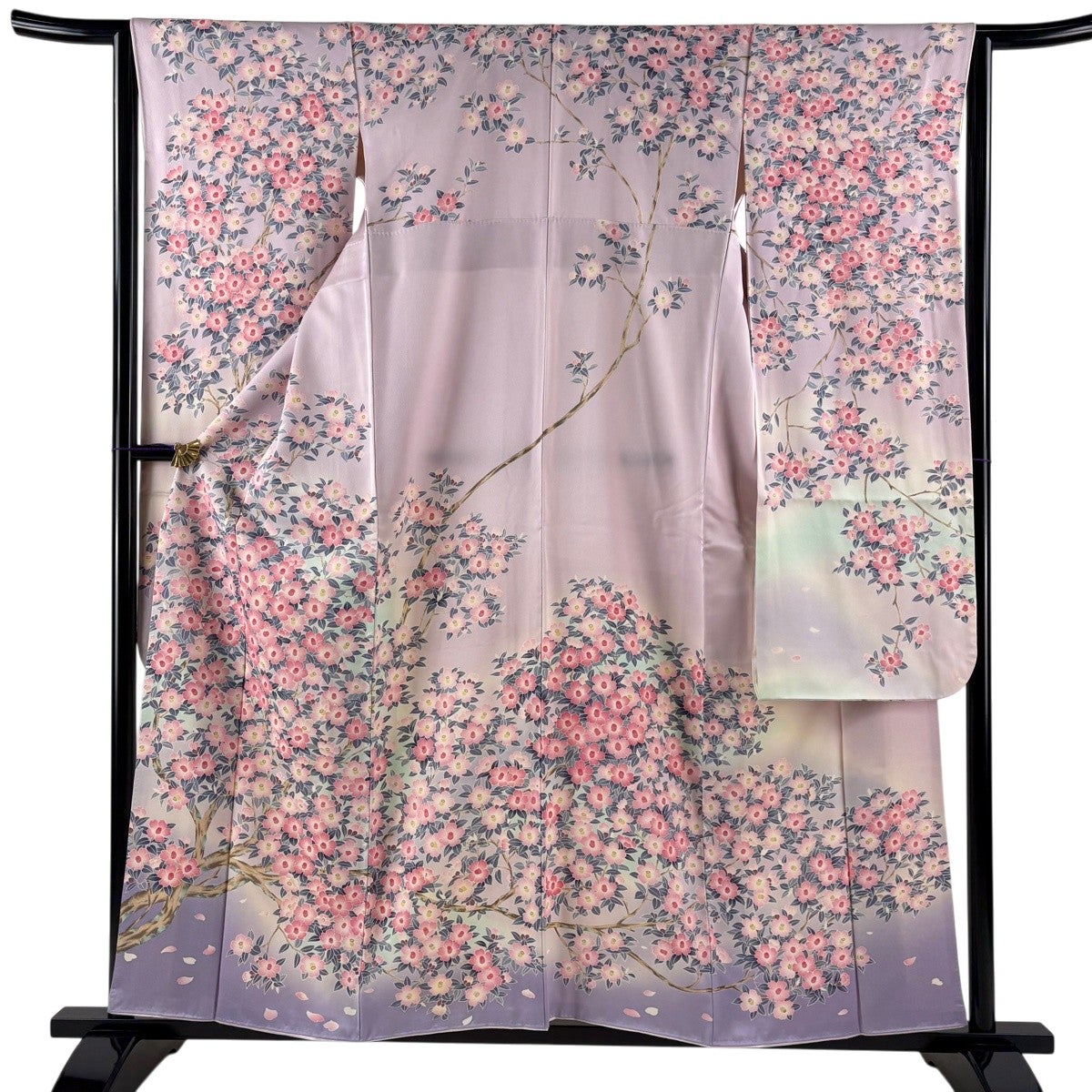 振袖 身丈157.5cm 裄丈63.5cm S 袷 枝花 花びら ぼかし 薄紫 正絹 名品