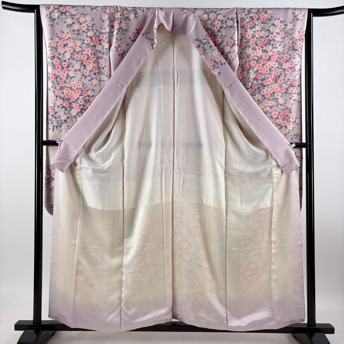 振袖 身丈157.5cm 裄丈63.5cm S 袷 枝花 花びら ぼかし 薄紫 正絹 名品