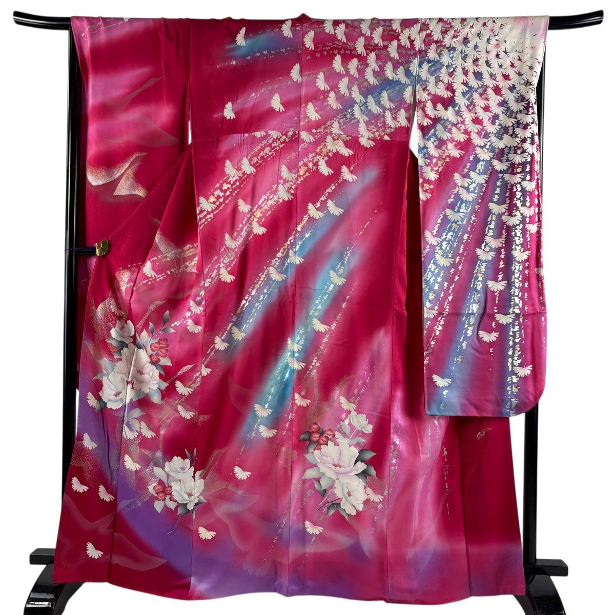 50%OFF 振袖 身丈168cm 裄丈67.5cm L 袷 山本寛斎 落款あり 地紋 深緑