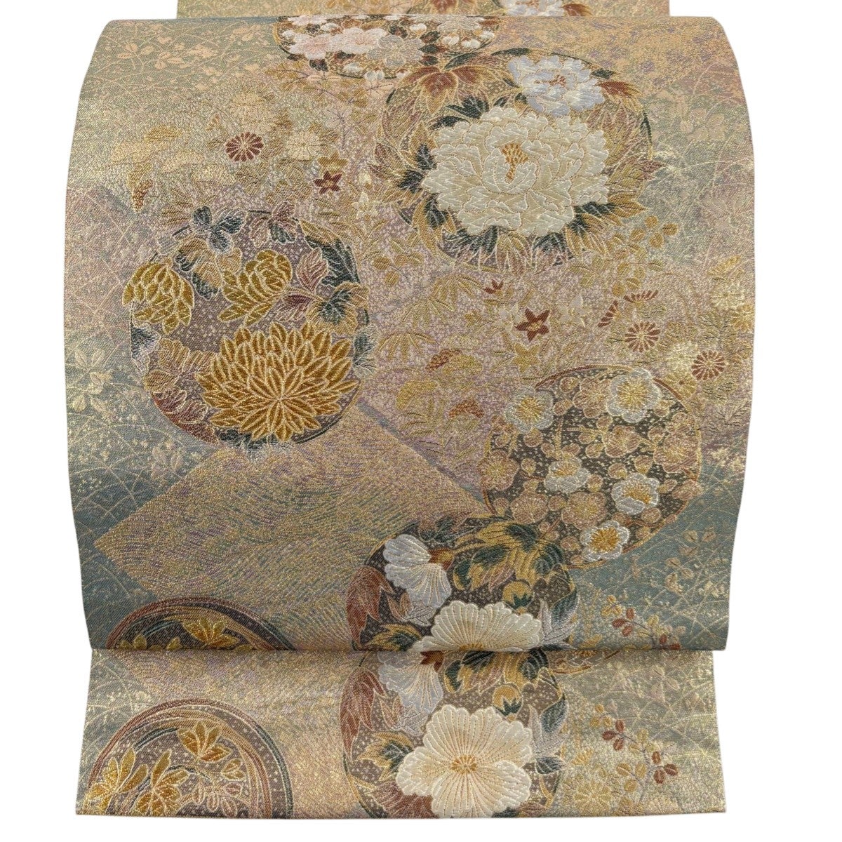 袋帯 秀品 花丸文 牡丹 箔 金銀糸 ベージュ 六通 正絹｜中古・古着