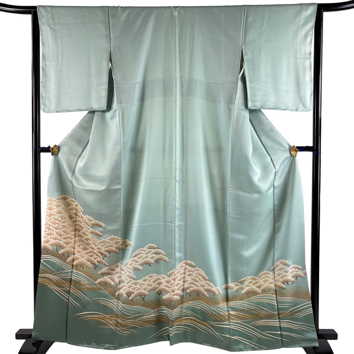 色留袖 身丈162cm 裄丈64.5cm M 袷 松 波 金銀彩 灰緑 正絹 秀品｜中古