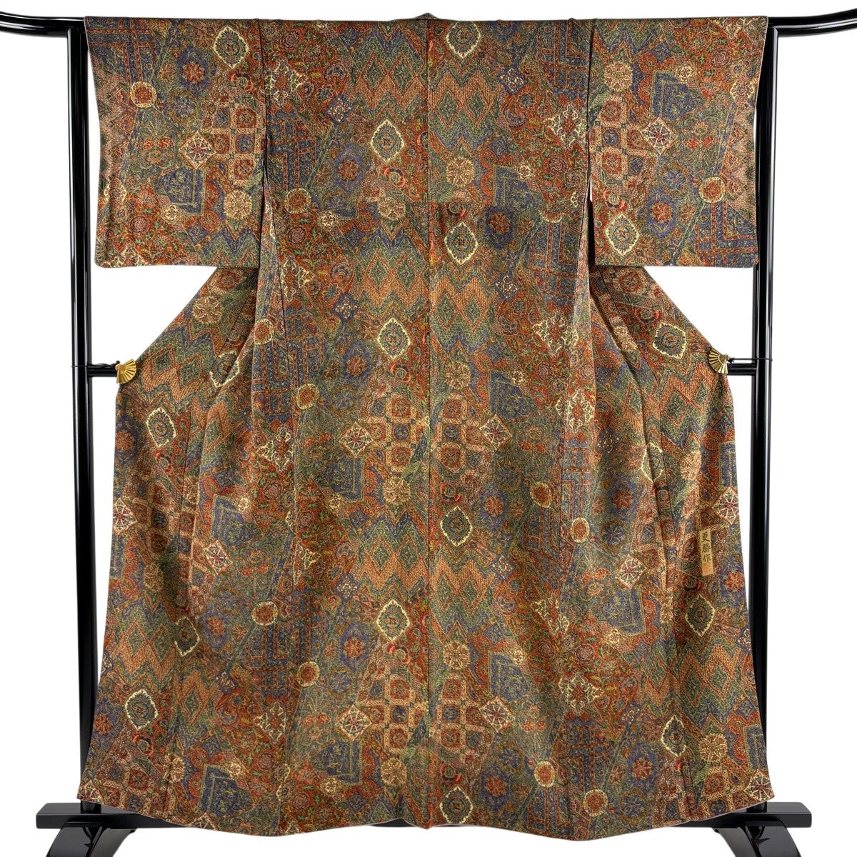 小紋 身丈163.5cm 裄丈65cm M 袷 草花 蝶 縮緬 茶色 正絹 秀品｜中古